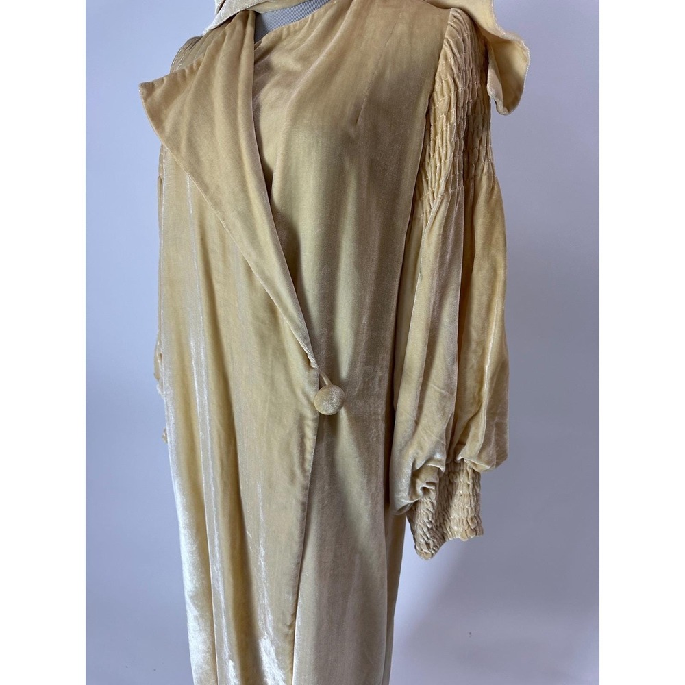 Vintage 1920s 30s Liquid Silk Velvet Opera Coat Ruched Balloon Sleeve Yellow